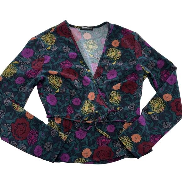 American Apparel Wrap Top Womens Large Floral Long Sleeve V Neck Teal Multicolor - Picture 1 of 6